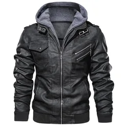 Cuero Chaquetas-de-piel Hombr Rompevientos Chaqueta brown leather jacket Men Shearling Zipper Hooded Coat Brown Leather Jacket