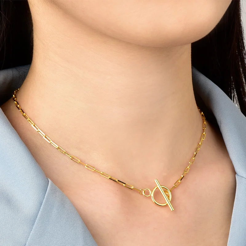 Fine Jewelry 925 Sterling Silver Chain Choker Necklace OT Toggle Clasp Buckle 18K Gold Plated Paperclip Necklace