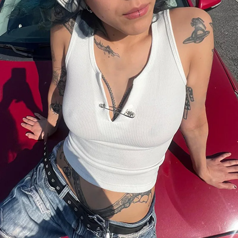 2024 Summer women Spice casual wear V-neck pin vest fashion simple slim-fit short crop top