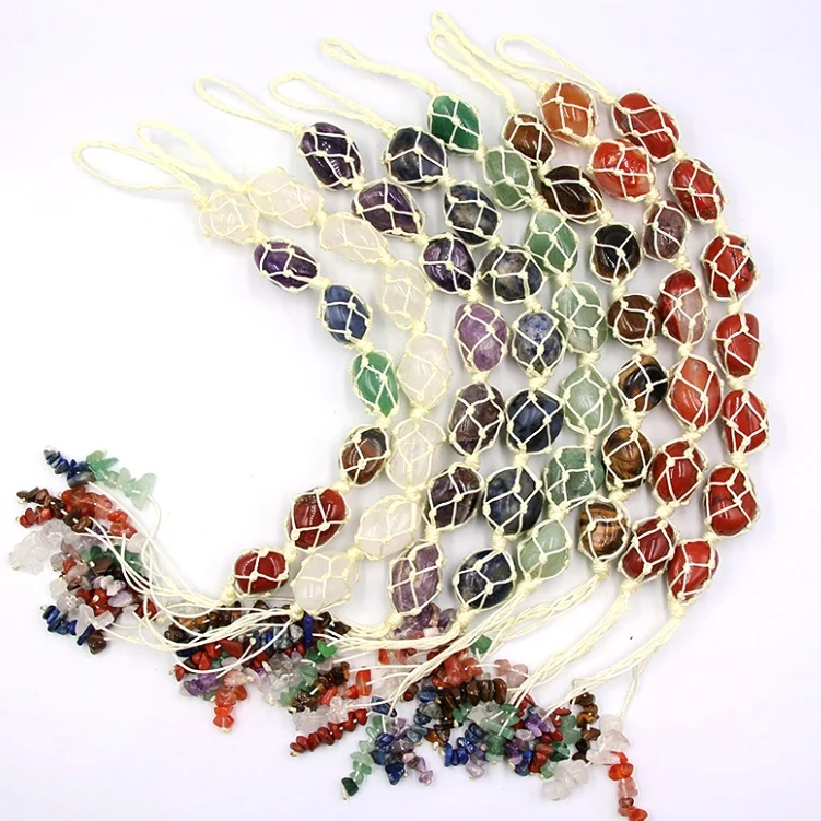 Natural Stone Woven 7 Chakras Winding hang Ornaments Gemstone Quartz Crystal Healing Stone Hang Decorations