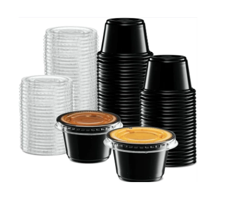 OEM/ODM Hot Sale Disposable Black/Clear Plastic PET Chutney Souffle  mini plastic cups for dessert with lids custom