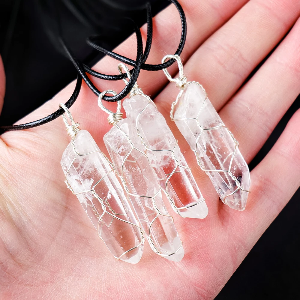 Wholesale Natural White Crystal Crafts Hexagon Column Wrapped Silk Thread Pendant Single Crystal Raw Stone for Decorative Gifts