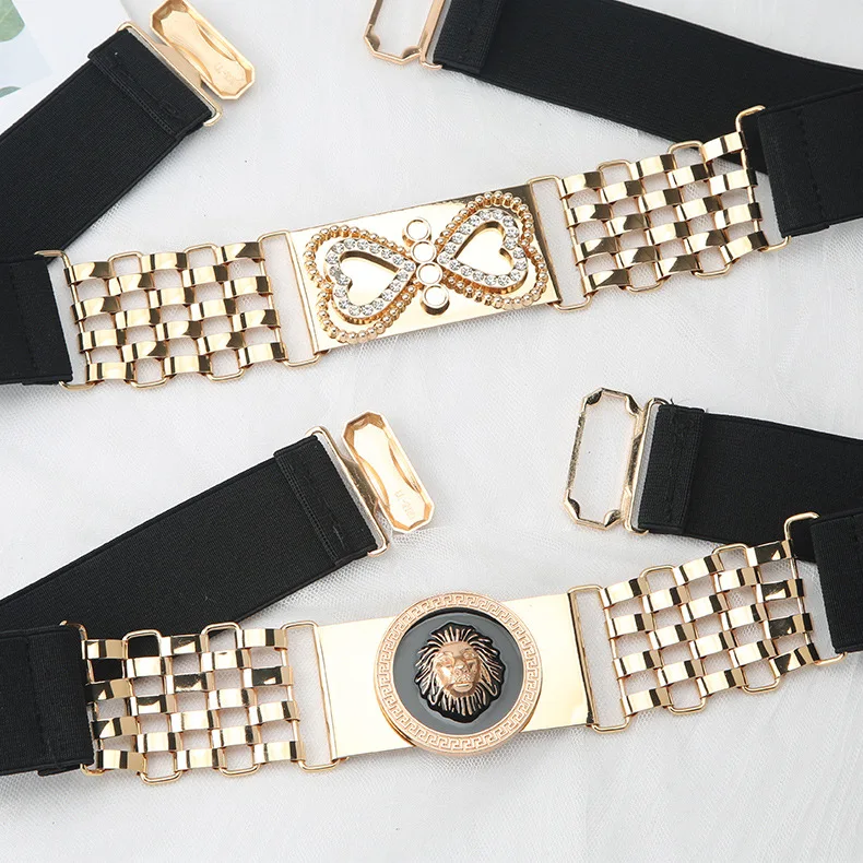 Black Elastic Gold Heart Chain Belts, Lion Head Decoration Stretch Belts for Women