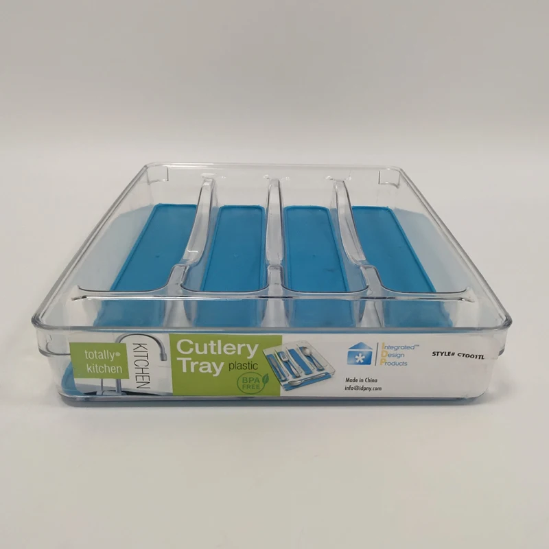 Plastic cutlery tray transparent PET material with blue grey TPR BPR Free Kitchen tray for spoon fork