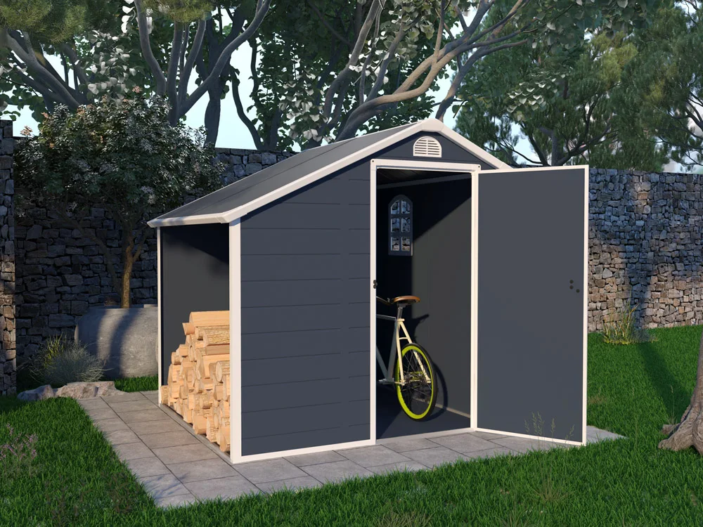 2 in 1 design plastic shed with extra room for wood storage outdoor storage