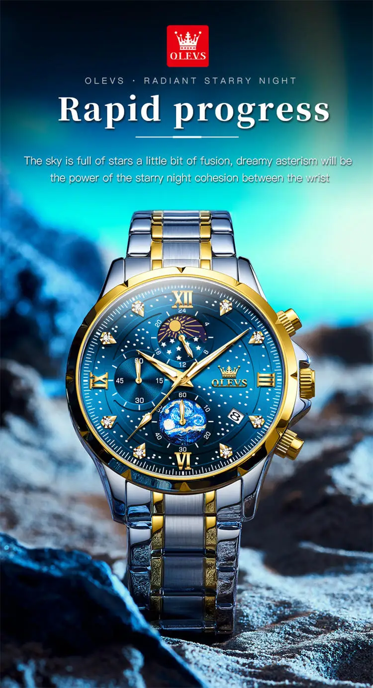 OLEVS 9807 special custom brand  gents quartz watch original Stainless steel band Luminous Chrono stars sun Casual hand watch