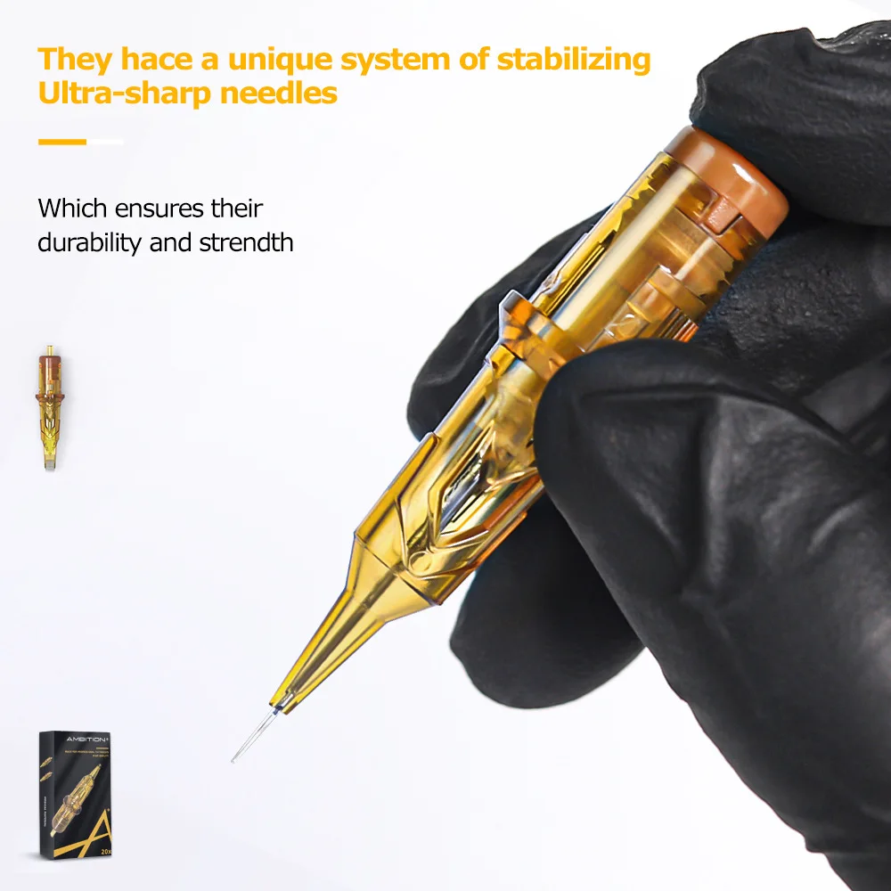 Ambition 20pcs Gold RL Tattoo Cartridge Needles Disposable Sterilized Stainless Steel Tattoo Needle for Cartridge Machines Grips