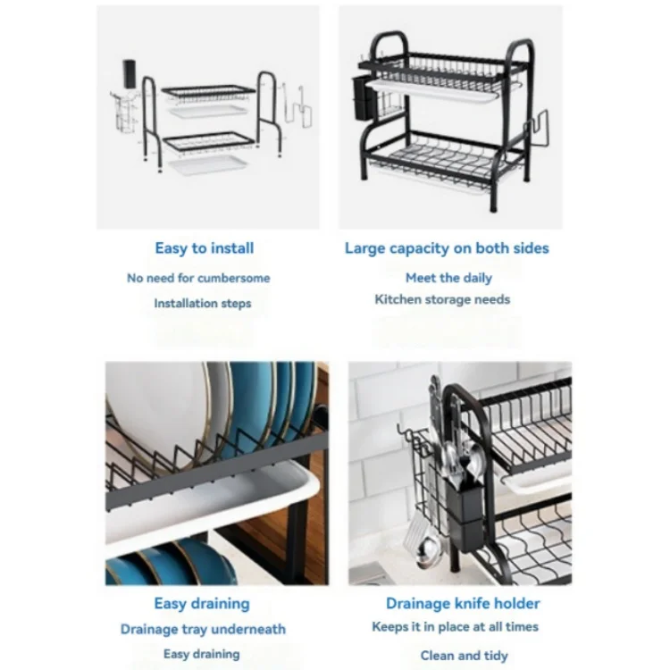 High Quality Black Metal Dish Drying Rack Carbon Steel Kitchen Organizer with 3 Tier Metal Dish Drainer Rack