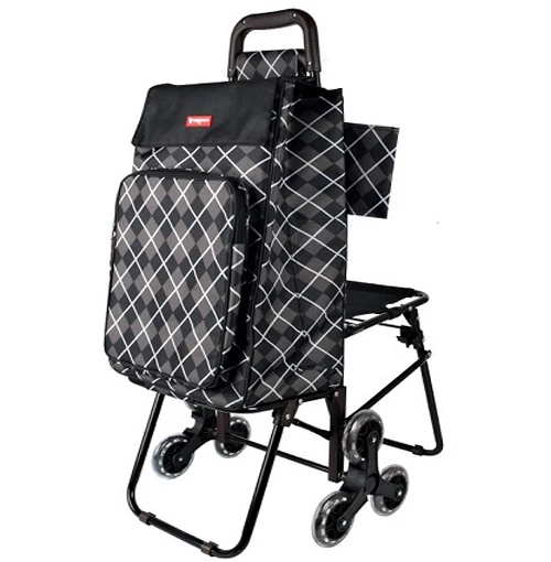 Collapsible Vegetable Polyester Foldable 6 Wheel Supermarket Hand Trolley Stair Climbing Shopping Trolley Bag Cart With Chair