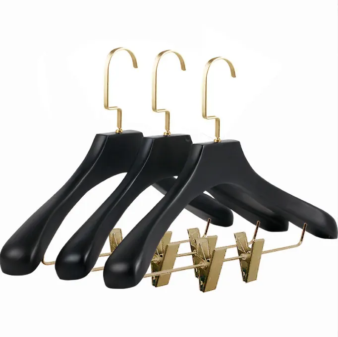 Store Custom LOGO 2 Piece Set Top Bottom Coat Pant Deluxe Black Wooden Hangers for Cloths