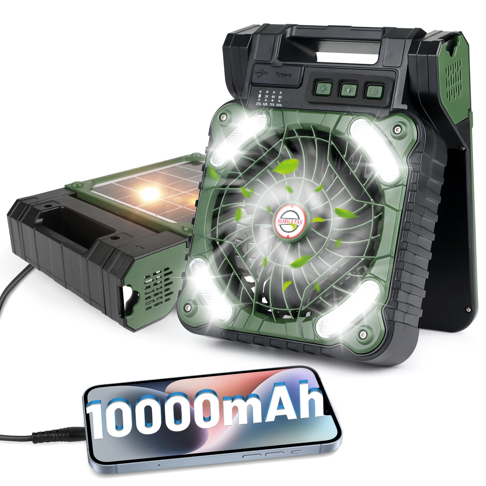 Solar-Powered Camping Fan with LED Lantern 10400mAh Rechargeable Battery Timer Phone Charging and Eco-Friendly Fan