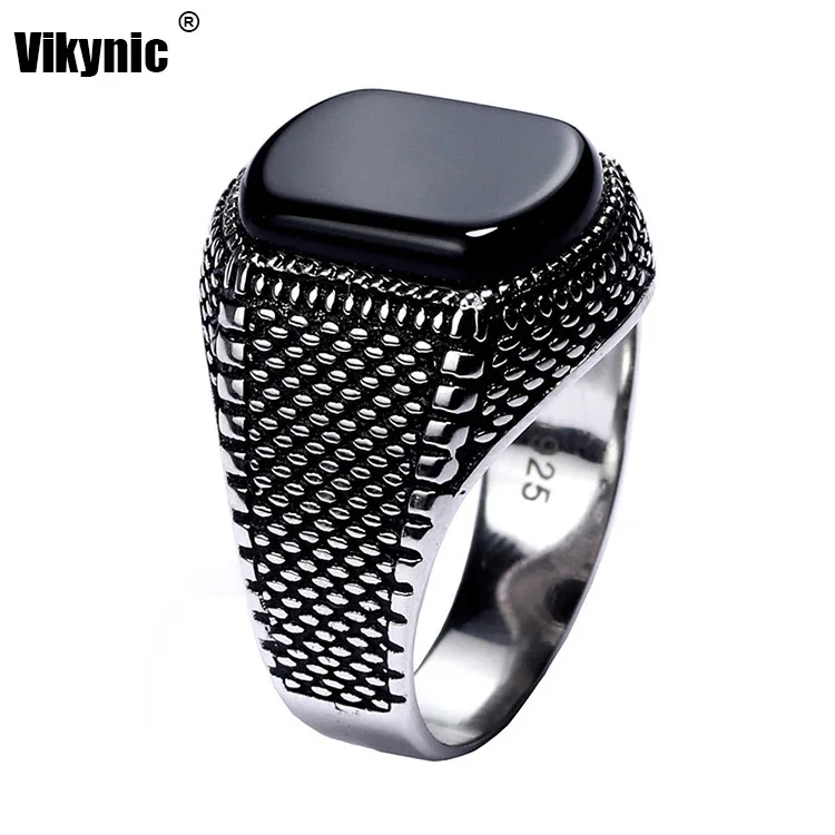 2021 new Turkish Jewelry Black Ring Men Real 925 Sterling Silver Mens Rings Natural Agate Stone Vintage Cool Fashion