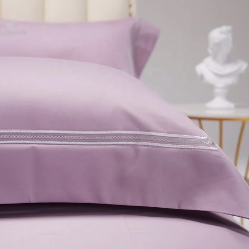 Purple Four Piece Bedding Sets 100% Cotton Simple Style Luxury Wedding Bridal Duvet Cover Bed Sheet Sets