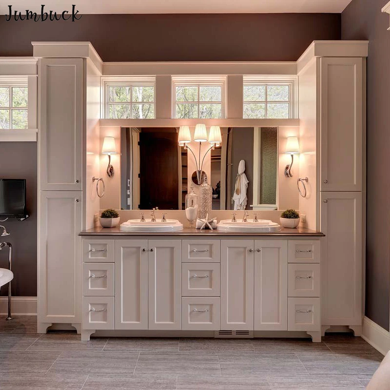 
Luxury grey elegent bathroom vanity with sink with one tall storage cabinet 