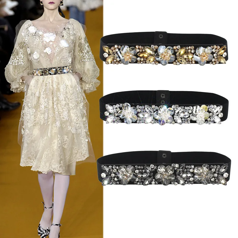 4cm Width Ladies Metal Elastic Rhinestone Belt Party Fashion Show Waistband Women Dress Belt