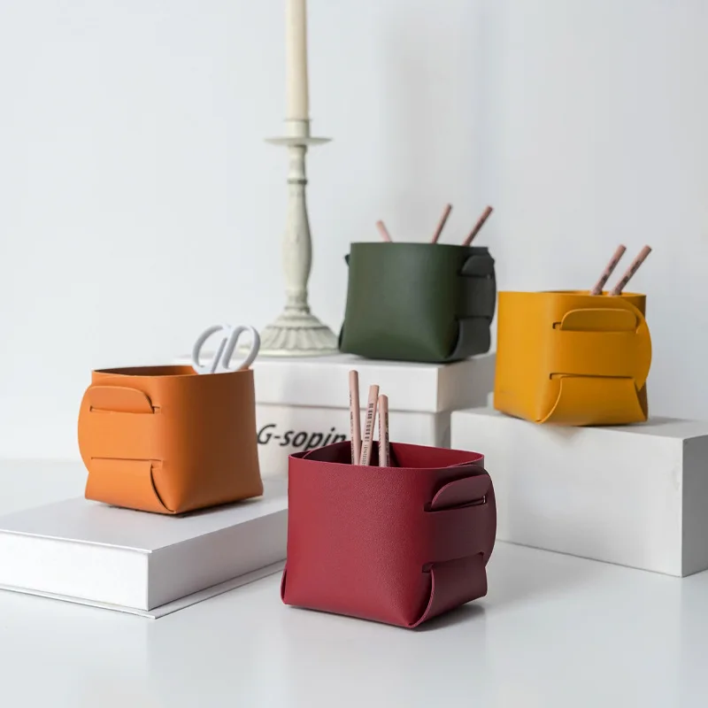 Quick Shipping Foldable PU Leather Storage Baskets Pen Pencil Holder Desktop Storage Box for Makeup Remote Controls