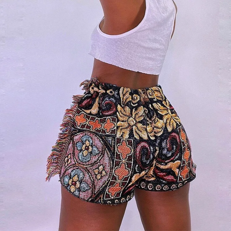 Vintage Print Shorts Women Summer Indie Folk Style Unique Side Tassel Patchwork Pants Hot Hipster Female Clothing 2021