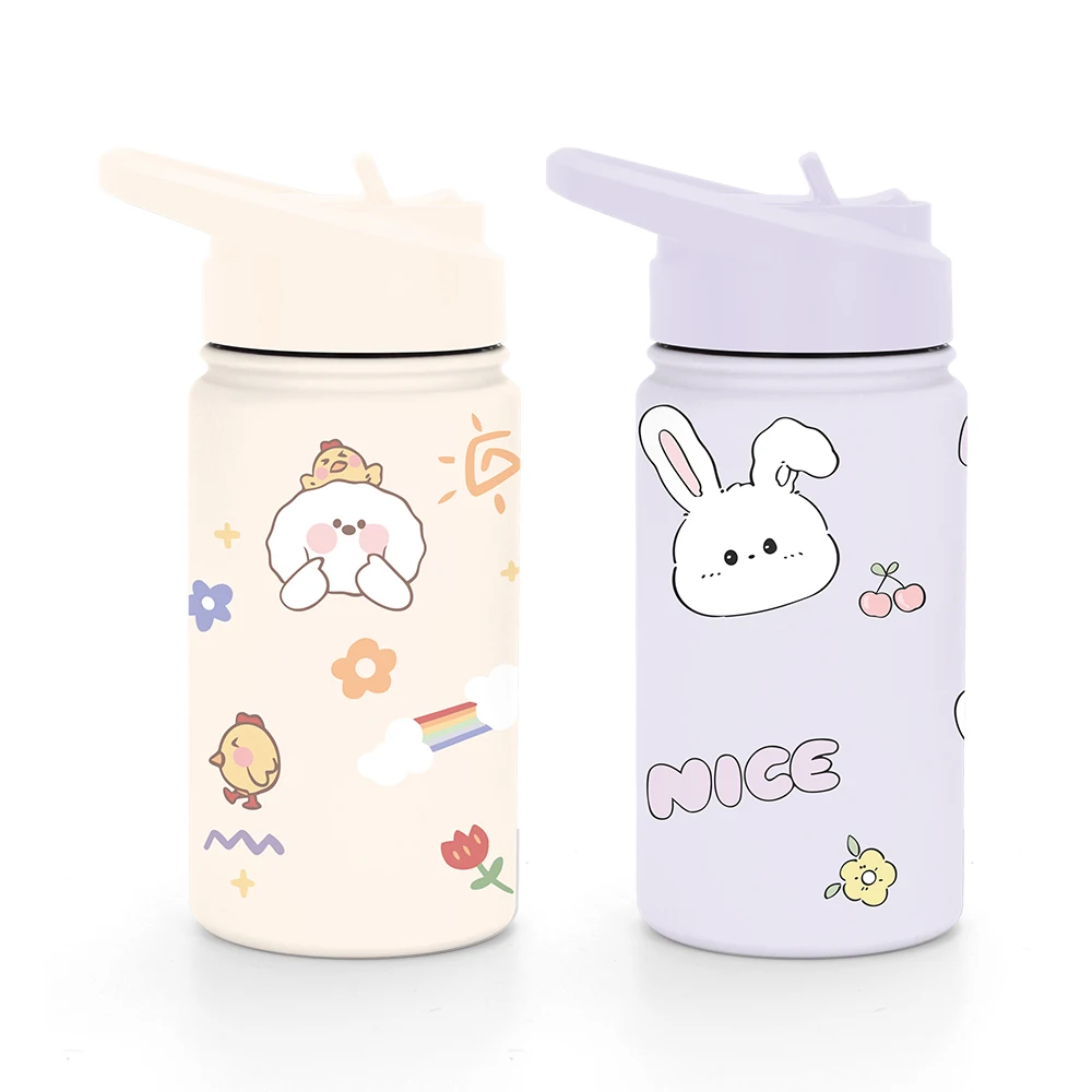 New Cartoon Design 12oz Stainless Steel Double Wall Insulated Kids Water Bottle Termos with Straw