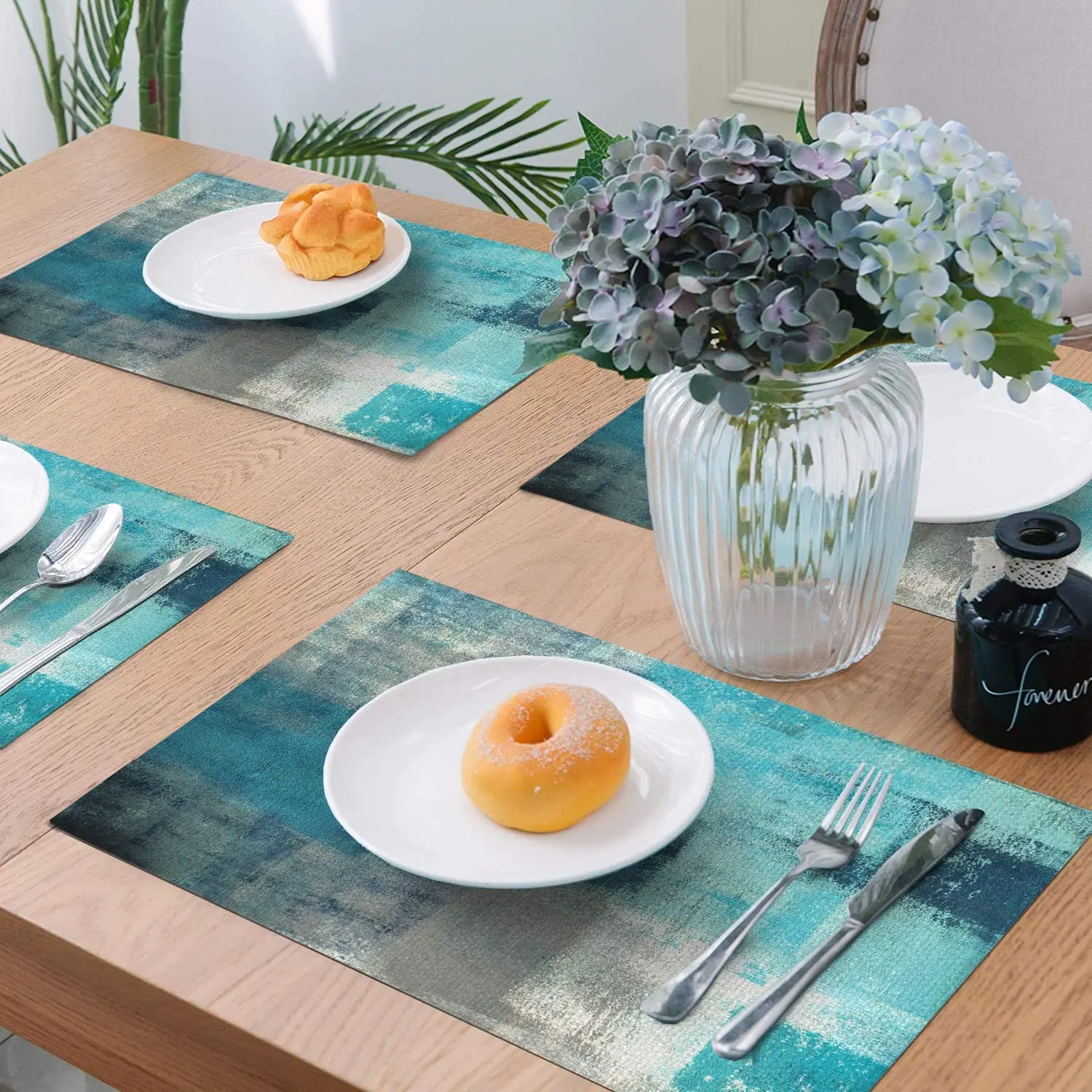 New arrival Artistic watercolor linen placemats Durable heat insulation double layer mats and coasters for luxury dining table