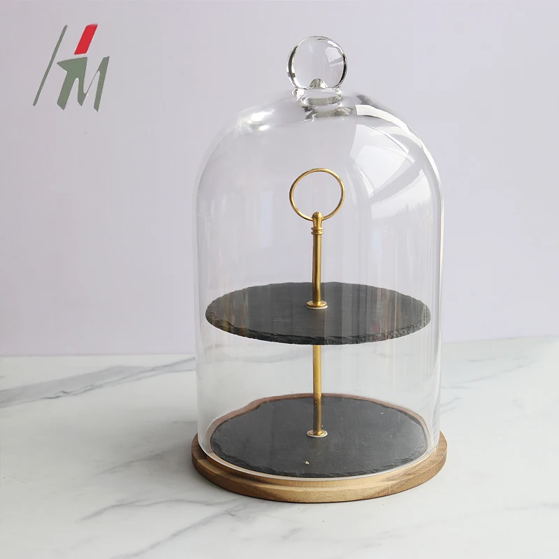Slate 2-Tiered Round Dessert Cupcake Stand Macaron Fruit Displaying Stand Serving Tray with glass dome