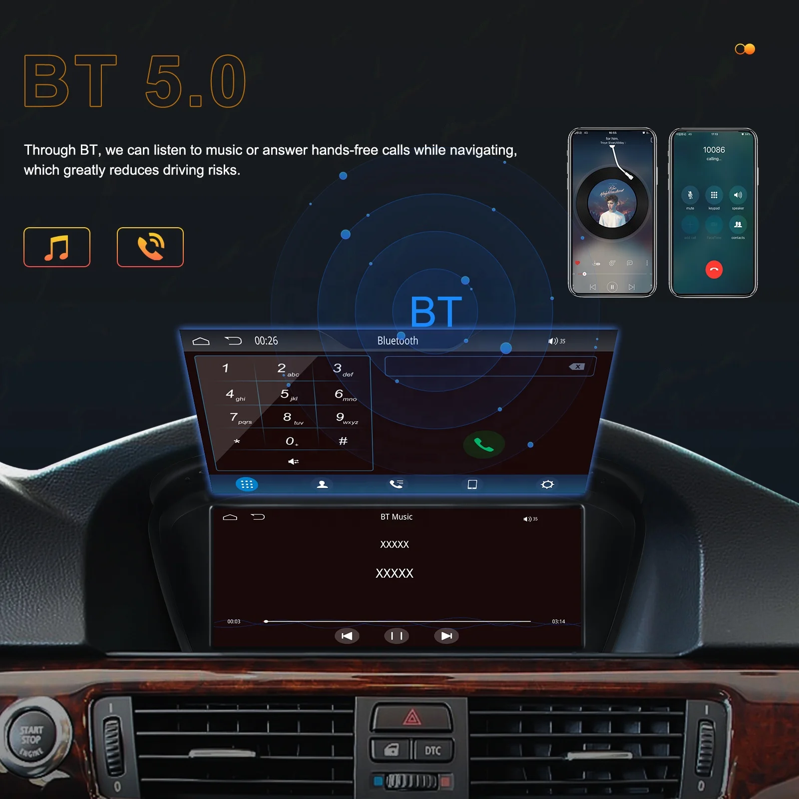 Podofo 8.8' Car Stereo Wireless Carplay Wireless Android Auto For BMW 3/5 series E60 2005-2008 IPS Touch screen BT Car Radio