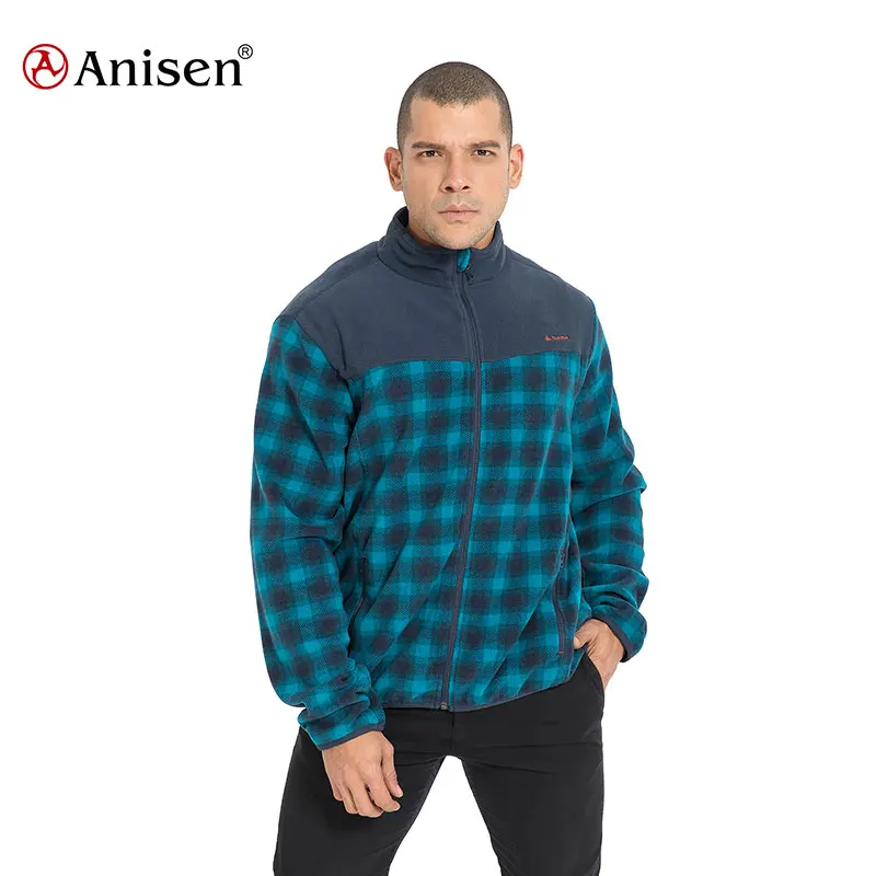 2021 chinese supplier winter warm polar fleece plaid jacket mens blue and black plaid stand collar custom fleece shirt jacket