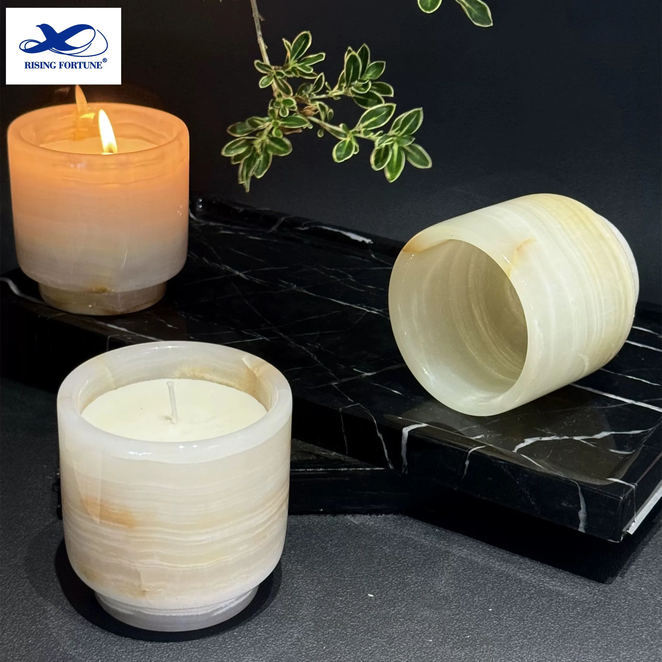 RF Luxury Candle Jar Green Onyx Stone Jade Candle Vessel With Lid For Candle Making