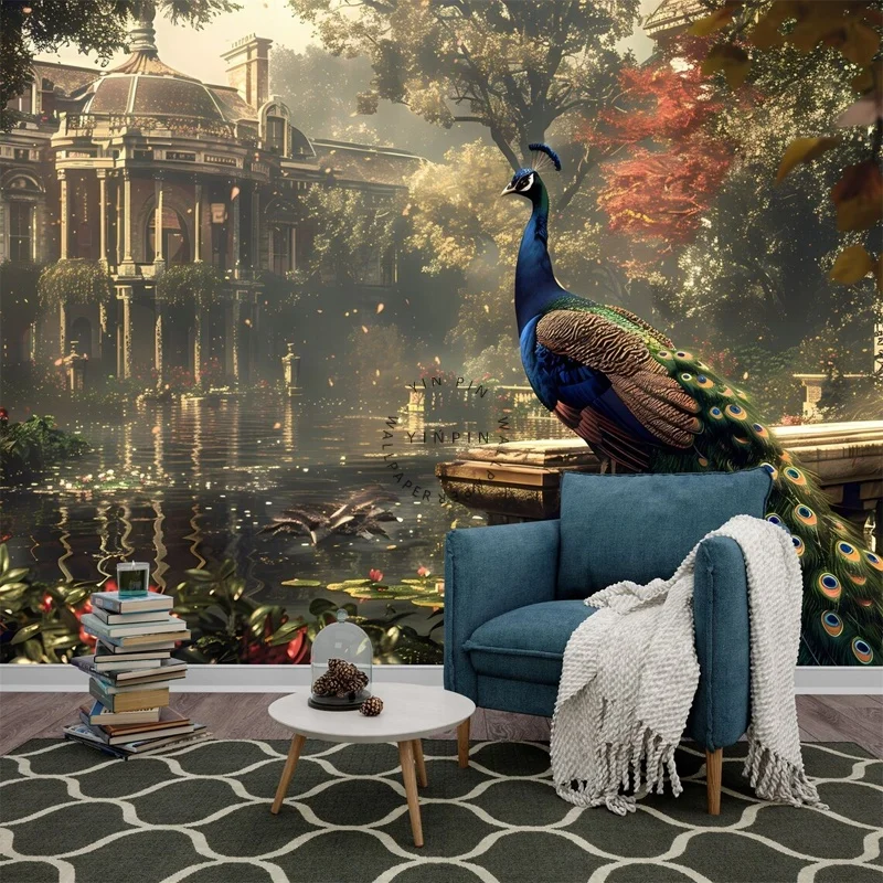 Retro chinese landscape peacock mural wallpaper home decoration