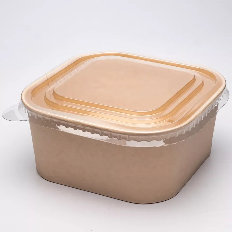 Eco Friendly Take Away Disposable Square Kraft Paper Bowl With Plastic Lid For Salad