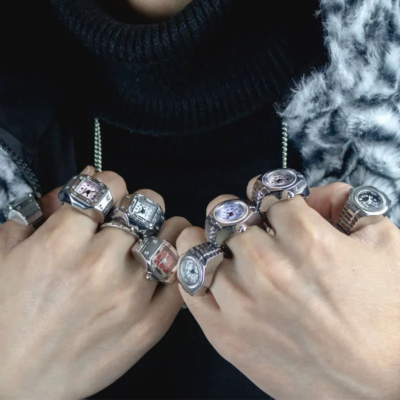 R.Gem. Vintage Adjustable Elastic Men Women Girl Mini Finger Ring Watch with Square Dial