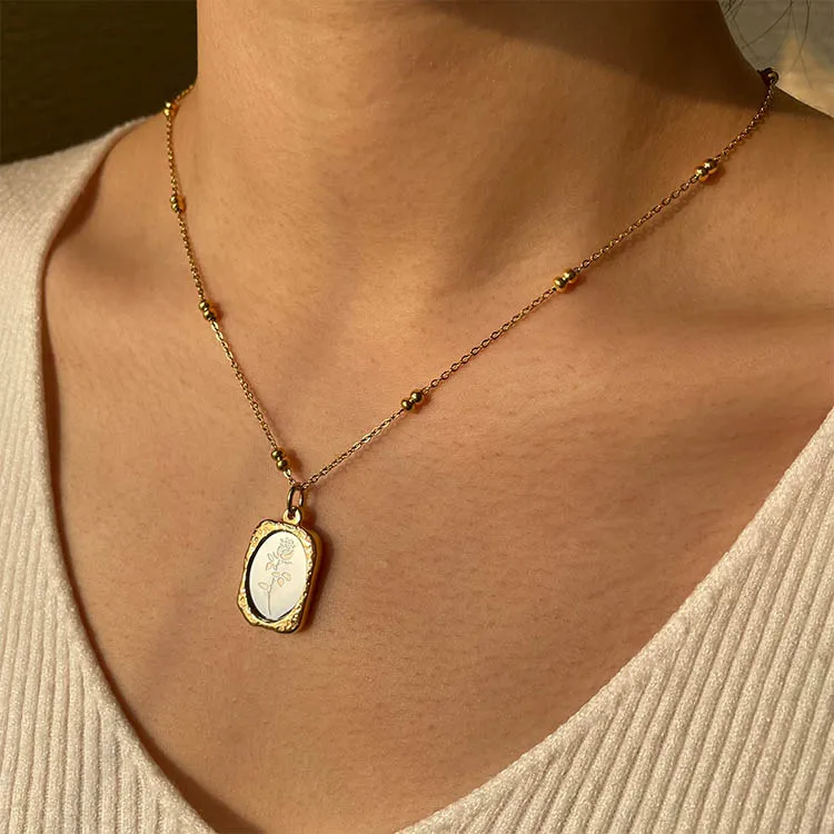 Vintage 18K Gold Plated Magic Mirror Stainless Steel Rose Flower Round Beaded Chain Pendant Necklace
