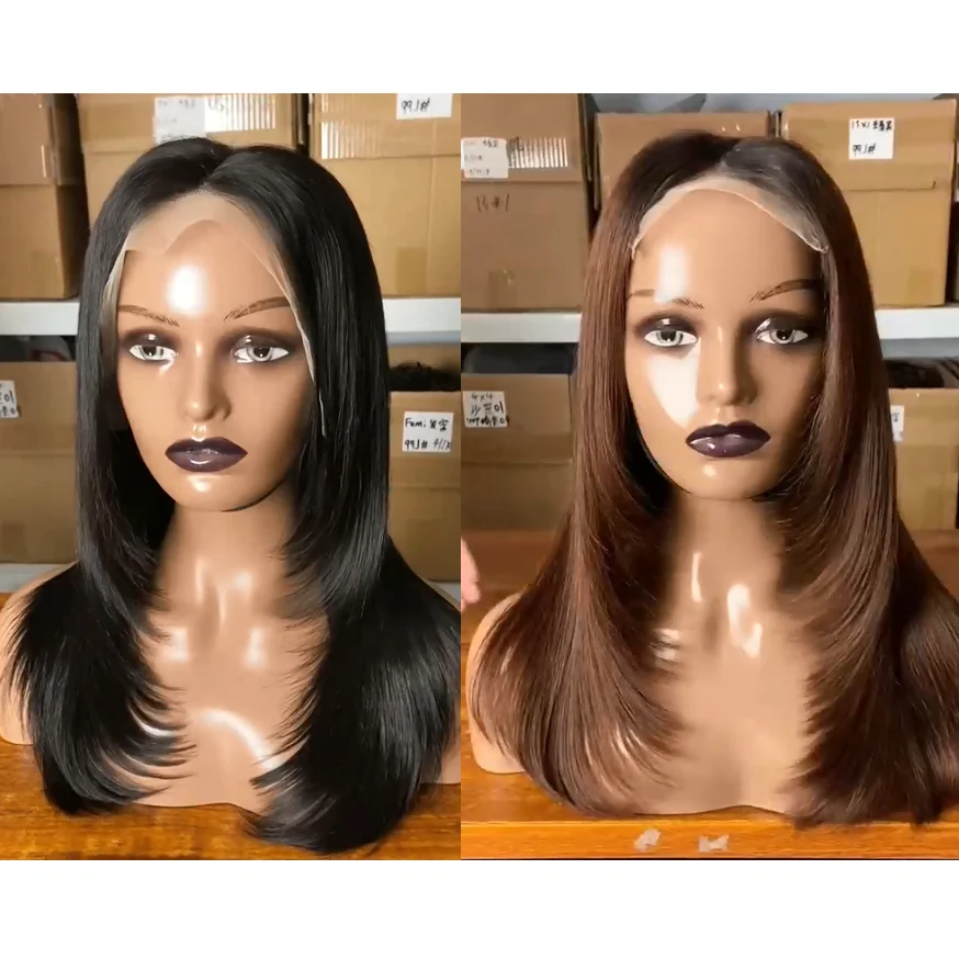 Wholesale Natural layered Bone Straight Brazilian Human Hair Wigs Butterfly Layer Haircut Realistic 13x4 HD Lace Frontal Wigs