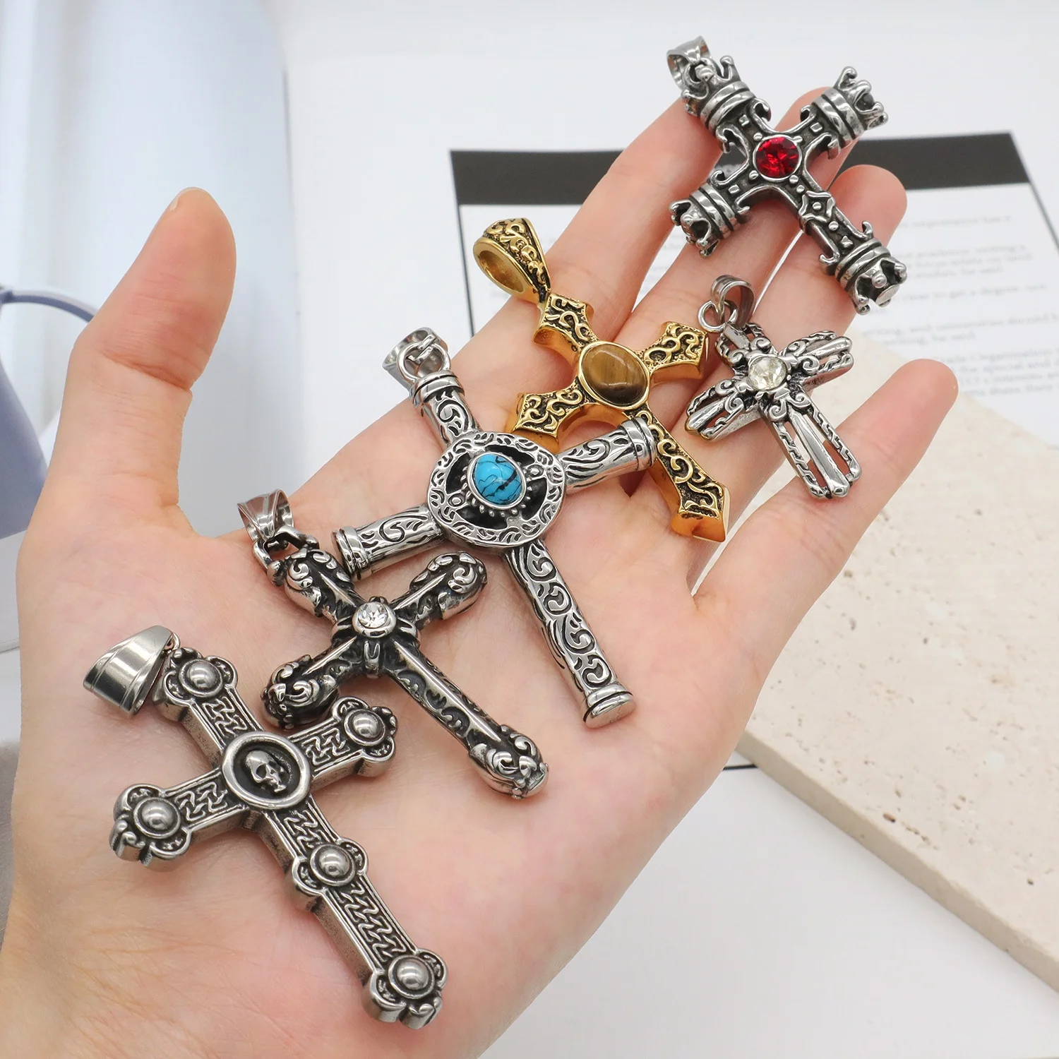 Custom Fashion Jewelry gold plated Prayer Crucifix necklace pendant charms DIY natural stone stainless steel cross Pendant