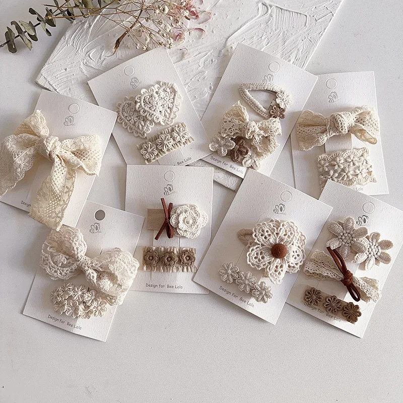 New design retro lace baby girl hair accessoires 3pcs set bowknot BB hair clips