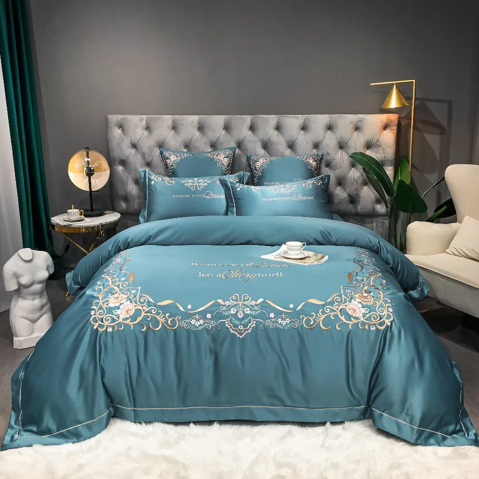 Modern Light Luxury Style Soft Embroidery 500tc Satin cotton bed sheets duvet bedding set