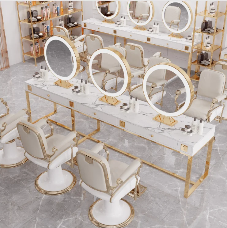 
Marble barber shop double-sided mirror hair salon studio dyeing table hair salon mirror table with light 