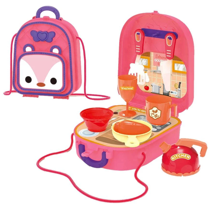 Plastic Mini  Indoor Shoulder Bag Backpack Cooking Pretend Play Game Kitchen Toy Set For Kids