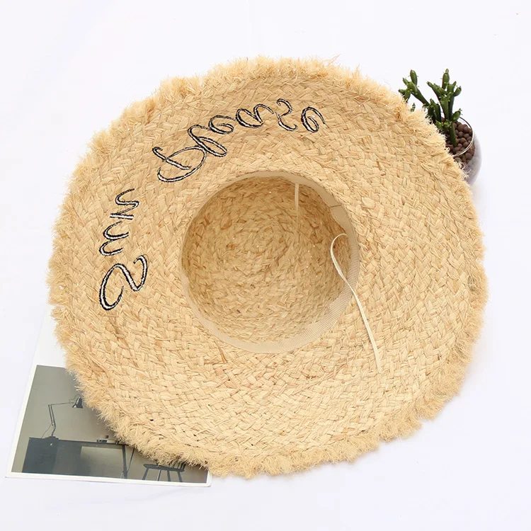 high quality raffia straw custom embroidered summer hats frayed edge ladies women beach hat