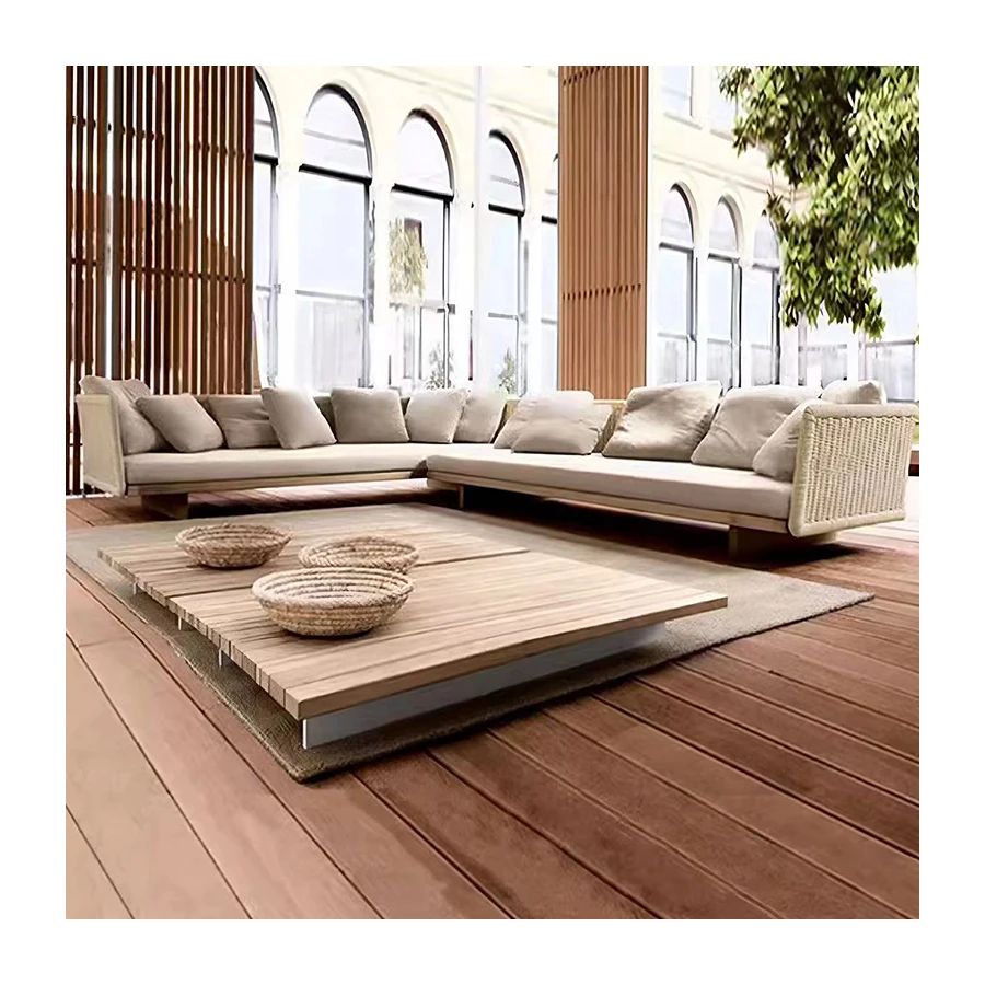 Modern L-Shaped Grey Sofa Set Outdoor Teak Wood Garden Furniture Living Room Couch Set For Patio