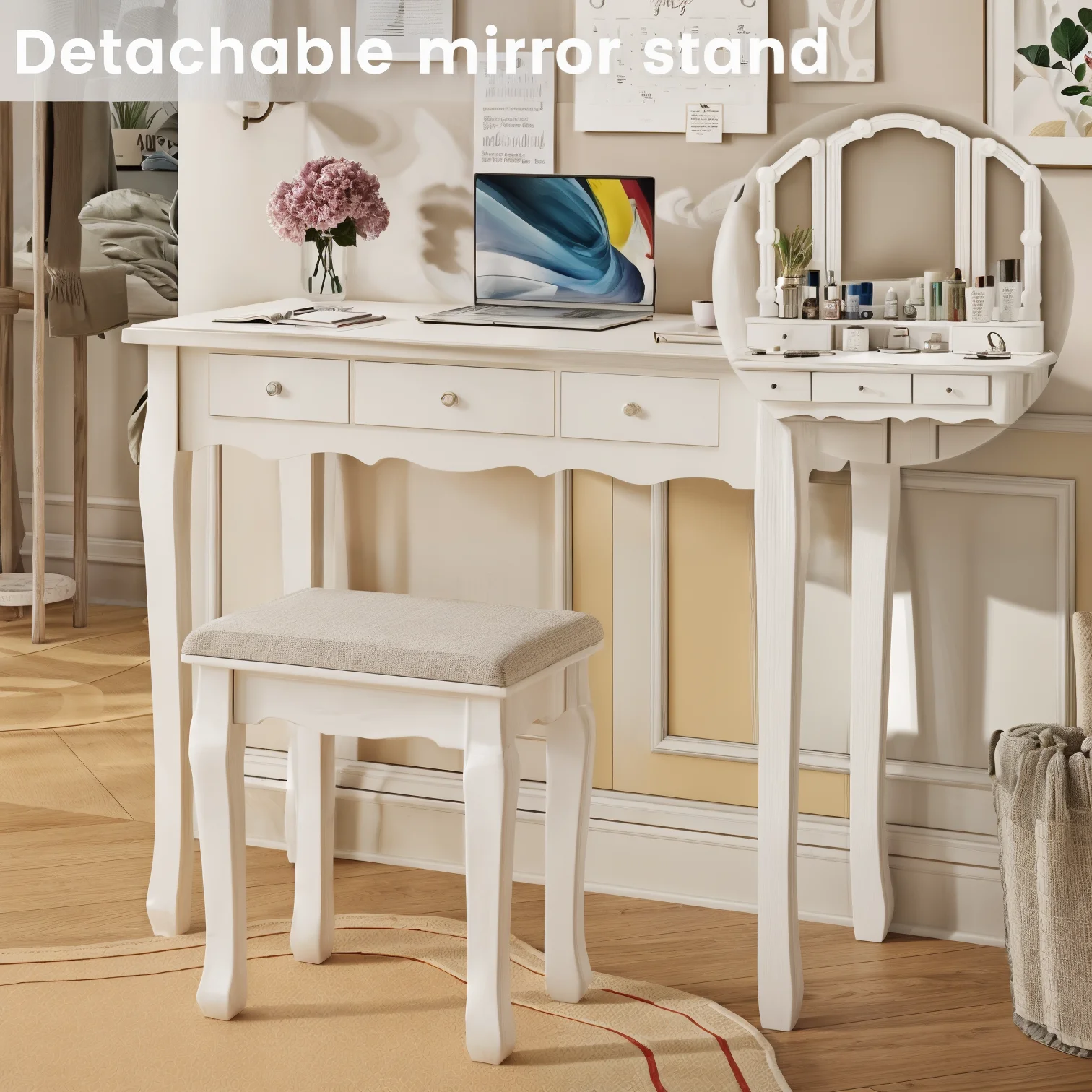 Makeup Vanity with Lighted Mirror & Stool, White Vanity Desk Set with 5 Drawers, 3 Light Settings, Adjustable Brightness
