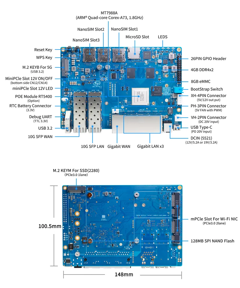 Banana Pi BPI-R4 Router board with MediaTek MT7988A (Filogic 880) 4GB RAM 8GB eMMC 128MB SPI-NAND flash 2x 10Gbe SFP