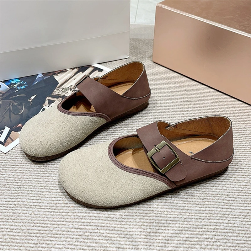 Hot Selling Girls Round Toe Soft Sole Mary Jane Shoes Women Color Blocking Flat Loafer Shoes With Buckle