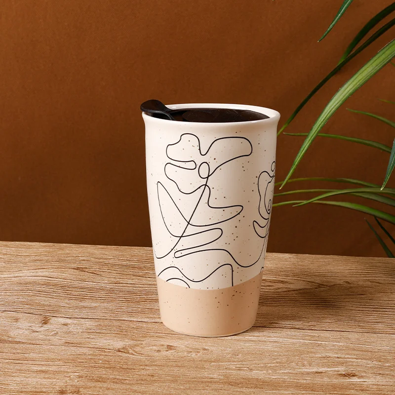 YST ceramics Manufacturer Modern ceramic Travel Mug Creative Flower Pattern Double-layer Coffe Cup with Lid