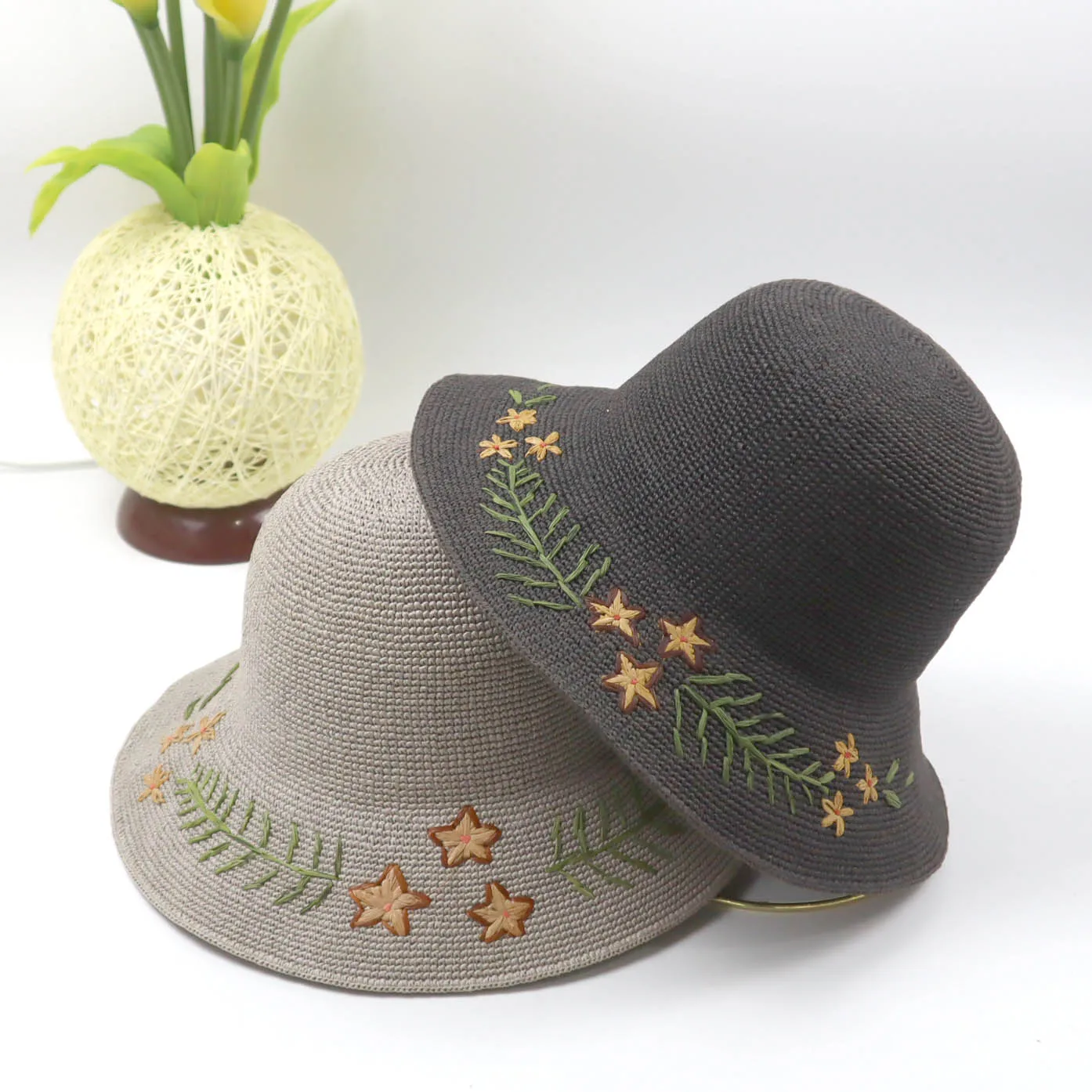 Summer Sunscreen Handmade Embroidery Flower Patterns Women Sun Bucket Hat Straw Hat