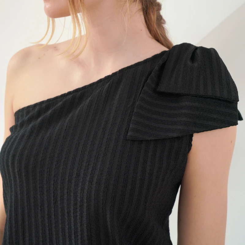 Ladies Casual Mermaid One Shoulder Bow Dress Solid Color Black Skirt Vacation Autumn Beach Dress