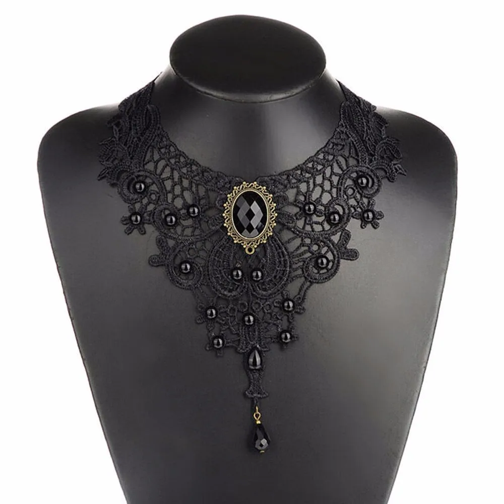 2019 wholesale 1PC Women Black Lace & Beads Choker Victorian Steampunk Style Gothic Collar Necklace Gift for Women