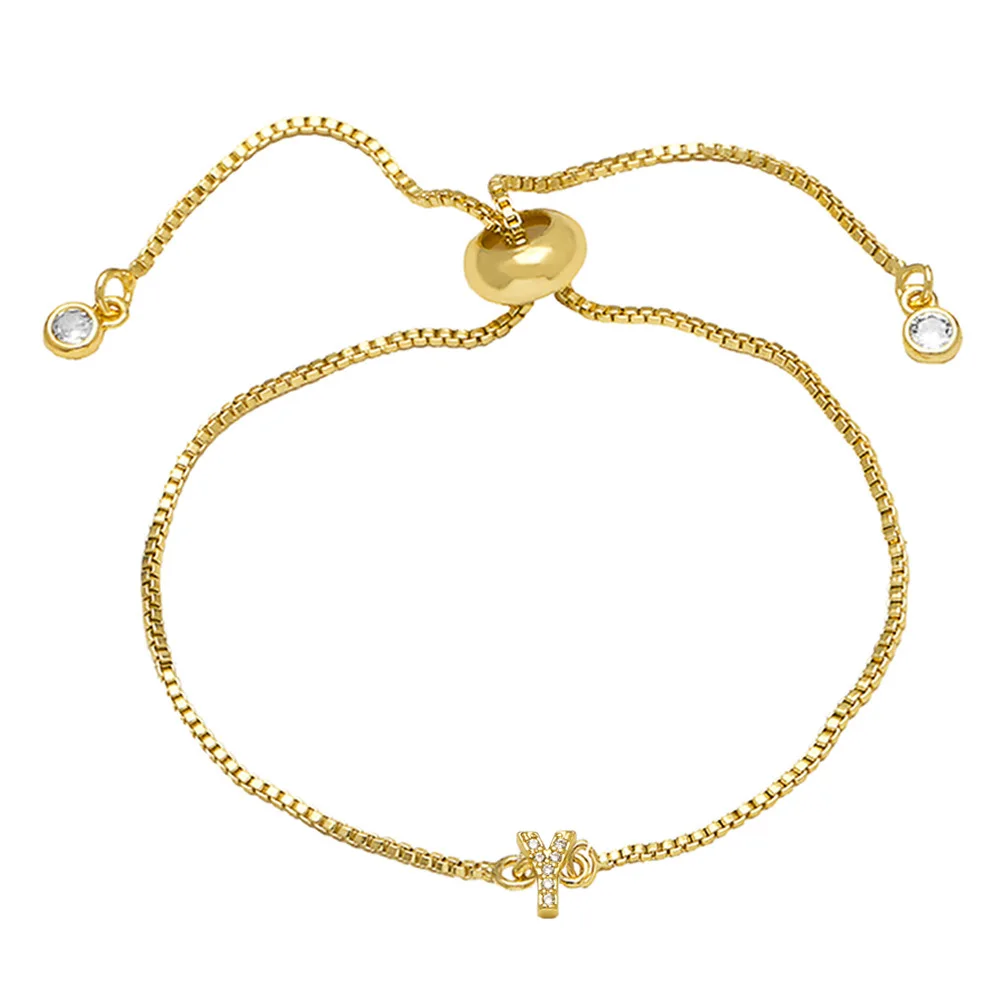 Fashion Adjustable Gold Plated Zircon 26 Letter Bracelets Copper Jewelry Box Chain Alphabet Charm Bracelet