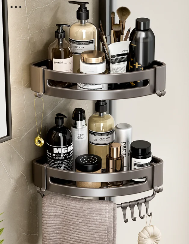 2 Tier Wall Mounted Shower Caddy Bathroom Organizer Aluminum Rack Toilet Black Corner Storage Bathroom Shelves with Sticker