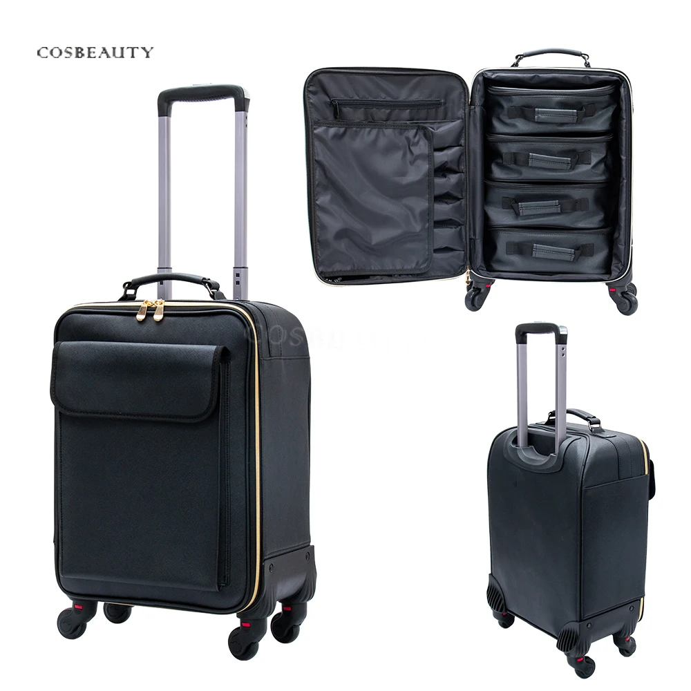BSCI members Latest High quality PU leather Beauty Train Case Professional Makeup Artist Trolley Rolling Case Organize Bag