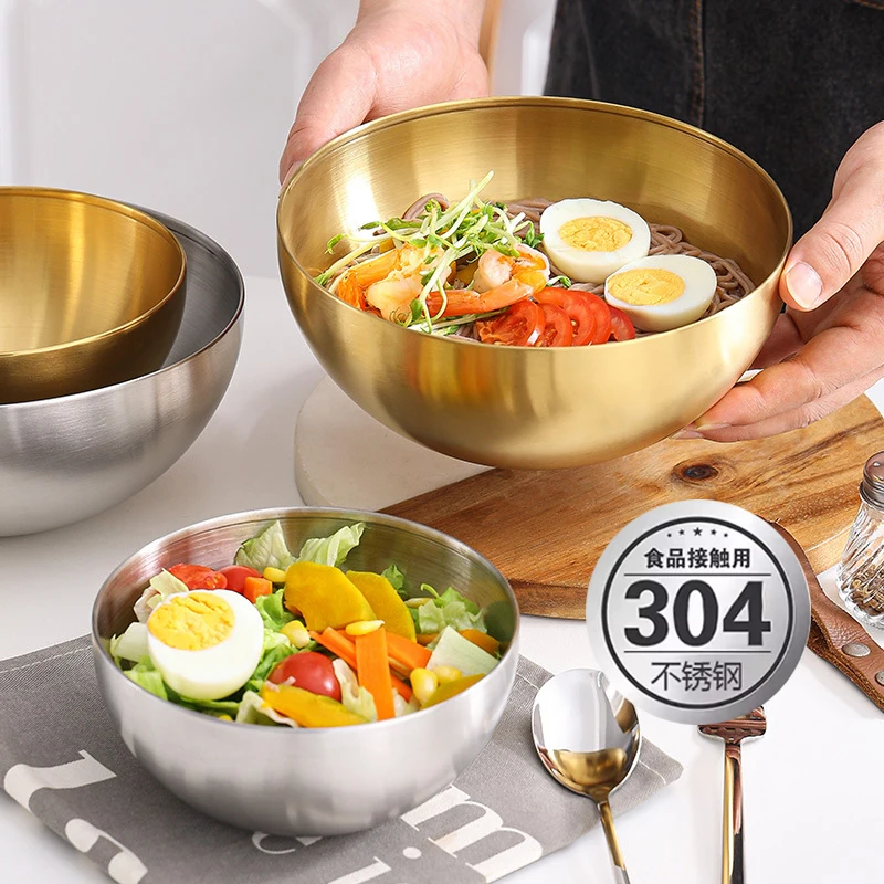 Korean Stainless Steel Noodle Soup Bowl Gold Color Salad Mixing Bowls Sus 304 Stainless Steel Rice Bowl